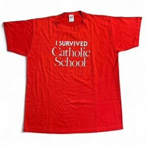 Vintage 80s Screen Stars Best T-Shirt I Survived Catholic School Red USA XL (L)